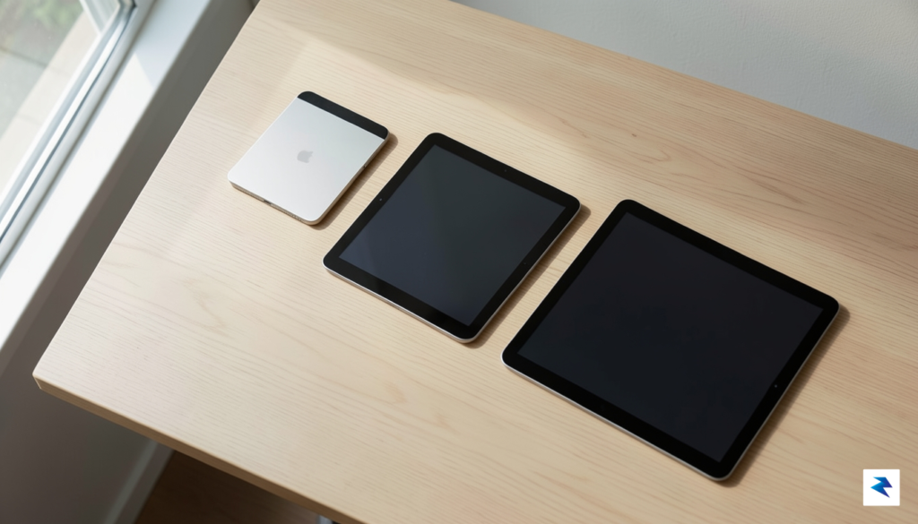 A clean, minimalist flat-lay photograph showing three different iPad models&mdash;a&hellip;