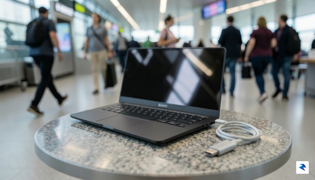 A close-up shot of a Microsoft Surface Laptop connected to…