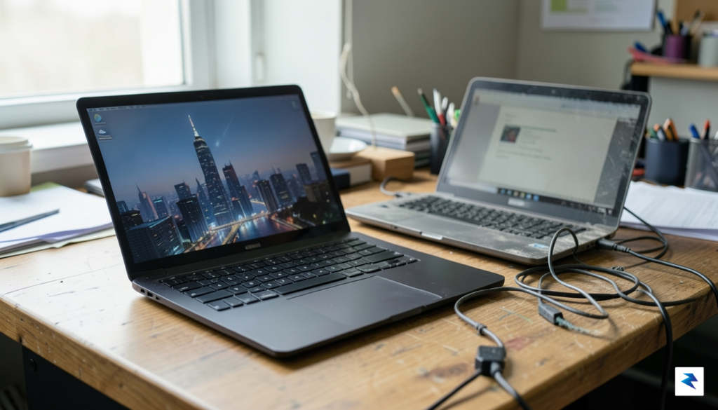 A sleek, modern Microsoft Surface Laptop contrasted with a dusty,…