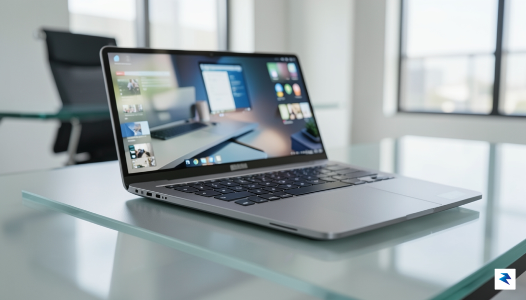 A close-up, high-resolution shot of a Microsoft Surface Laptop 2026…