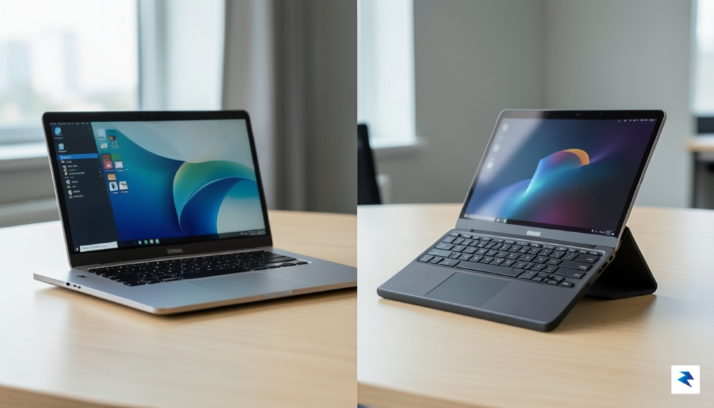 A side-by-side comparison shot showing a sleek Surface Laptop open…