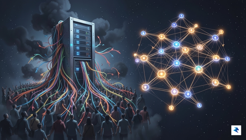 A digital illustration showing a central server struggling with a&hellip;