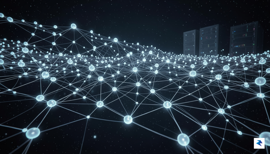 A conceptual digital illustration showing a web of interconnected glowing&hellip;