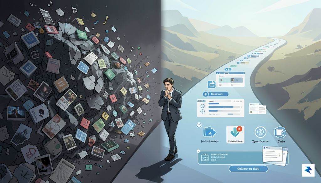 A conceptual digital illustration showing a bifurcated path: one side&hellip;