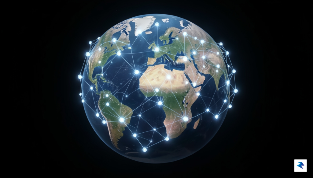 A digital illustration showing a glowing, interconnected web of data&hellip;
