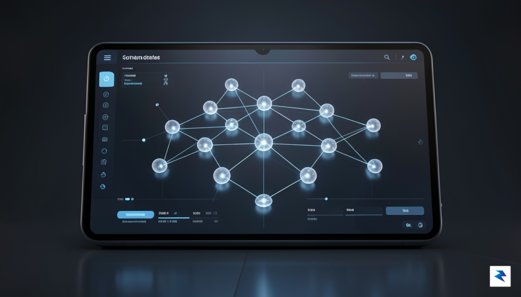 A sleek, futuristic digital dashboard displaying a 3D simulation of…