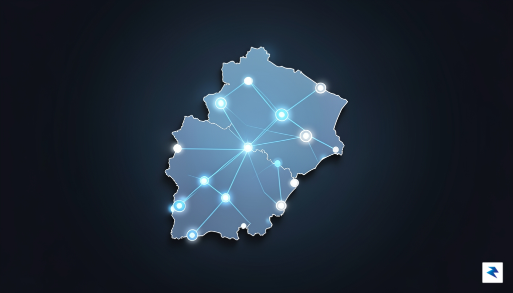 A modern, minimalist data visualization map showing interconnected digital nodes…