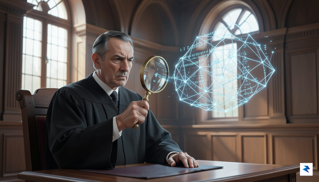 A conceptual digital illustration showing a human judge looking through…