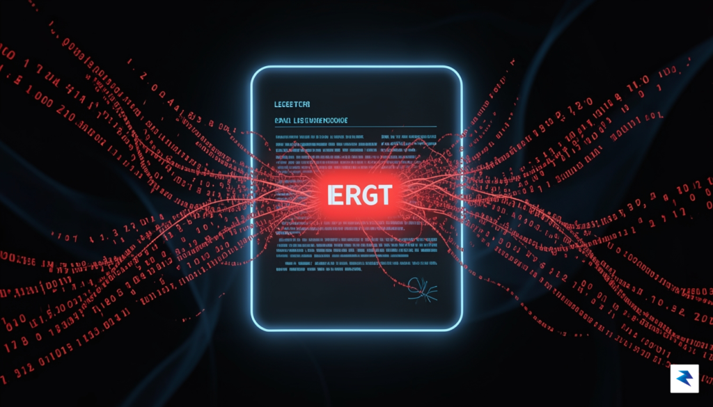 A conceptual illustration showing a digital, glowing legal document where…