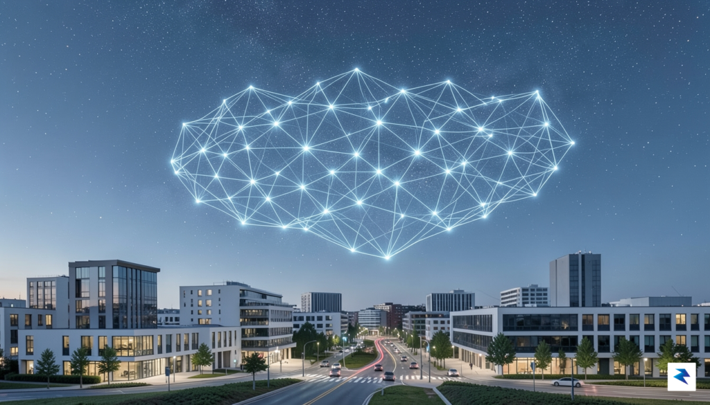 A conceptual digital visualization of a glowing, interconnected network map…