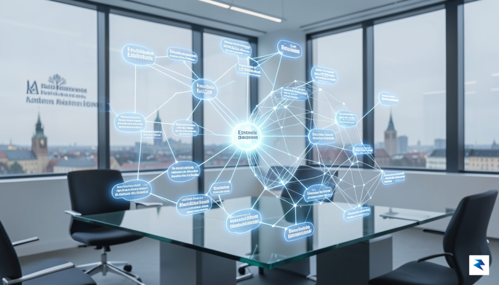 A conceptual digital interface showing a network of glowing legal…