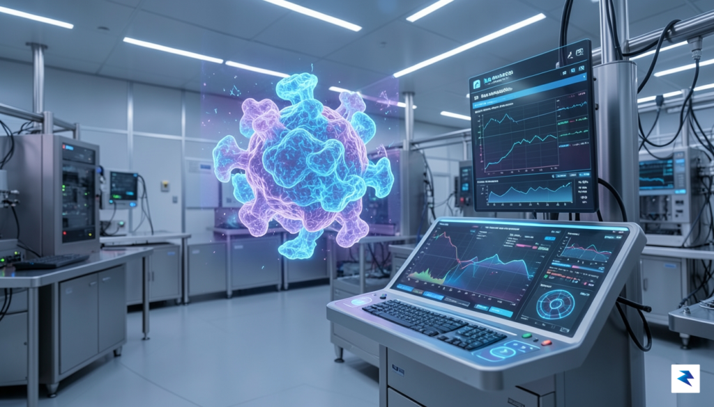 A sleek, high-tech laboratory environment where a digital holographic projection&hellip;