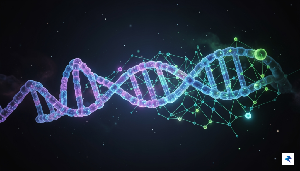 A conceptual digital illustration showing a glowing human DNA strand&hellip;