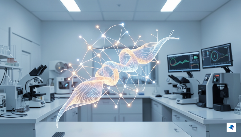 A conceptual digital illustration showing a glowing neural network structure&hellip;