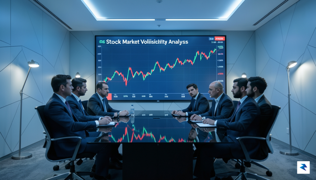 A modern, sleek office boardroom with a digital graph showing&hellip;