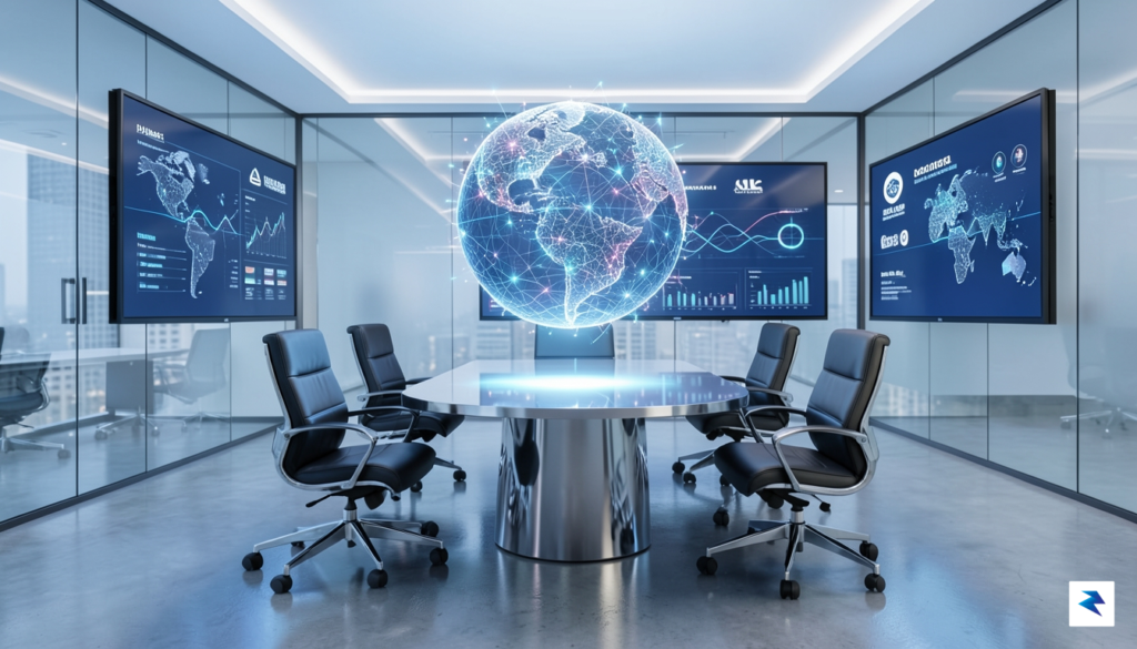 A modern, high-tech corporate boardroom featuring a digital glowing globe&hellip;