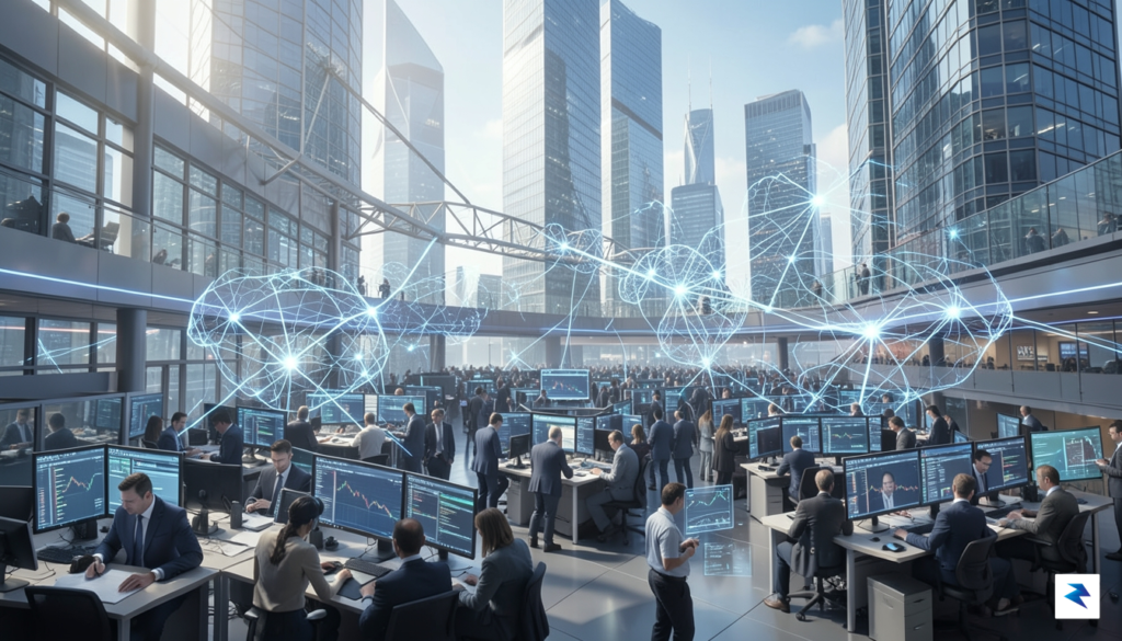 A wide-angle digital illustration showing a futuristic, bustling stock market&hellip;