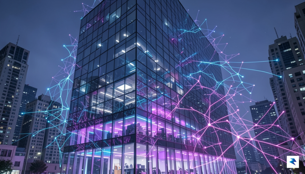 A digital illustration showing a glass office building blending into&hellip;