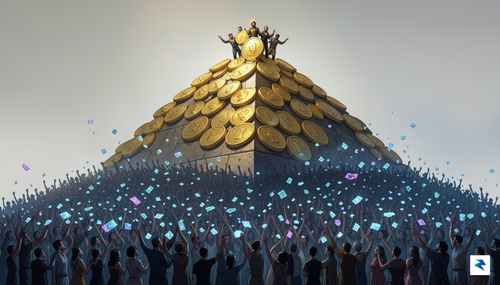 A digital illustration showing a pyramid structure where a small…