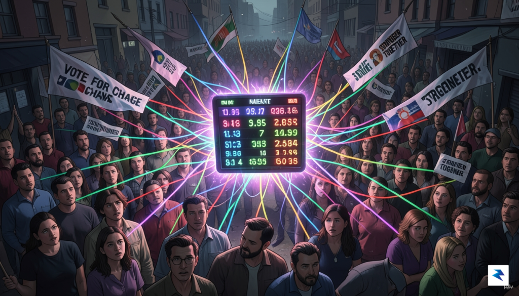 A conceptual digital illustration showing a crowd of people tethered…