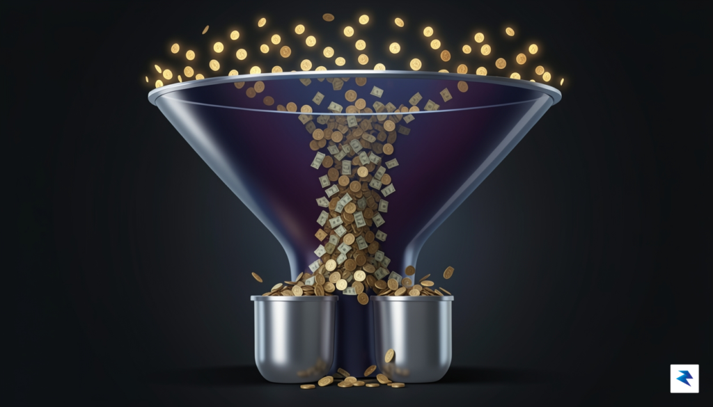 A stylized illustration depicting a large, funnel-like system where money…