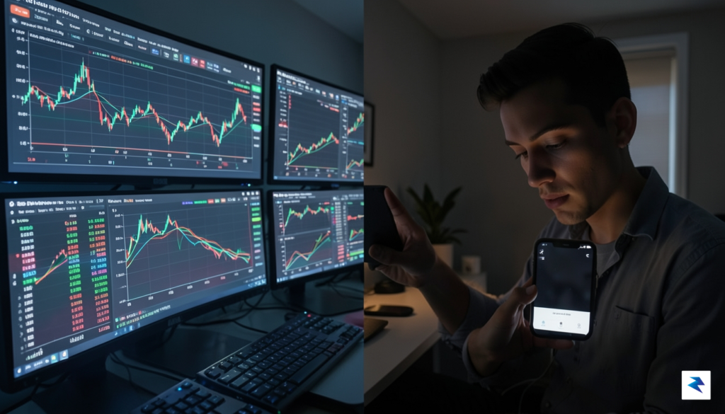 A digital visualization showing a high-tech trading dashboard with glowing…