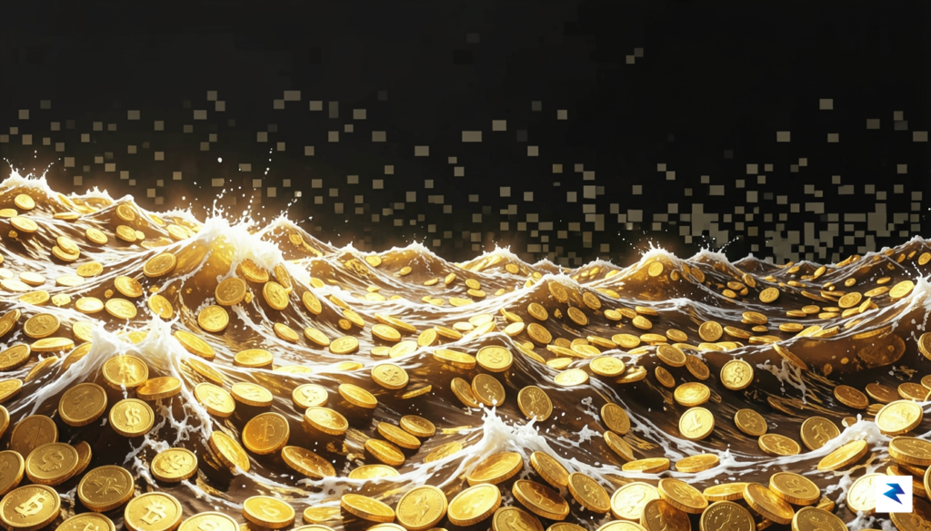 A digital illustration showing a vast, turbulent ocean of glowing…