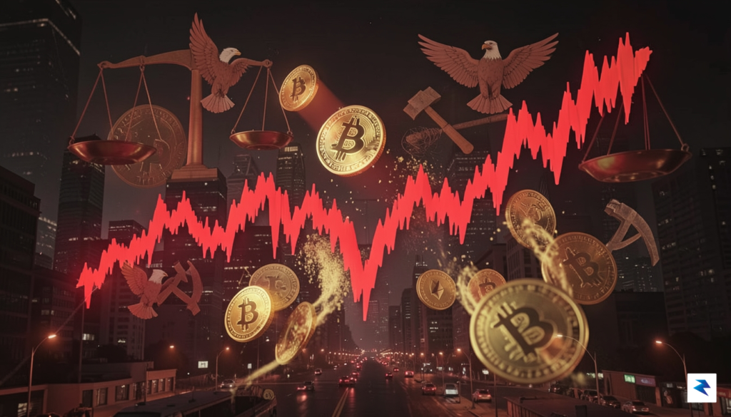 A digital visualization showing a downward trending red stock market&hellip;