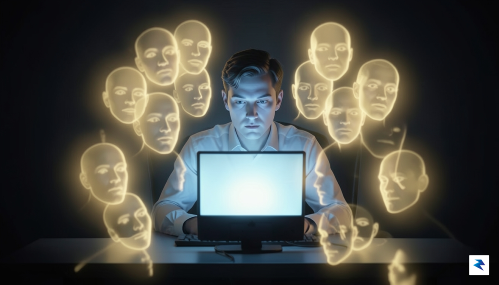 A digital illustration showing a person sitting in front of…