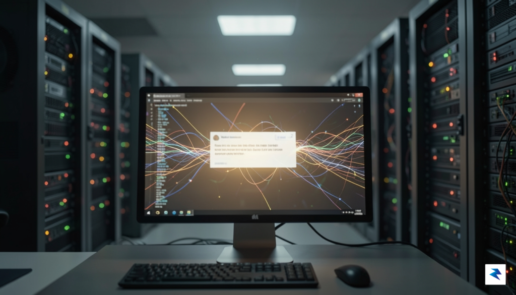 A close-up, cinematic shot of a glowing computer screen in…