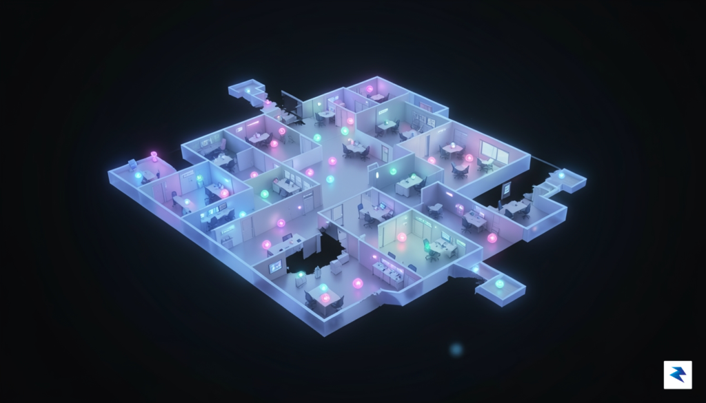 A conceptual digital art piece showing a glowing, fragmented office…