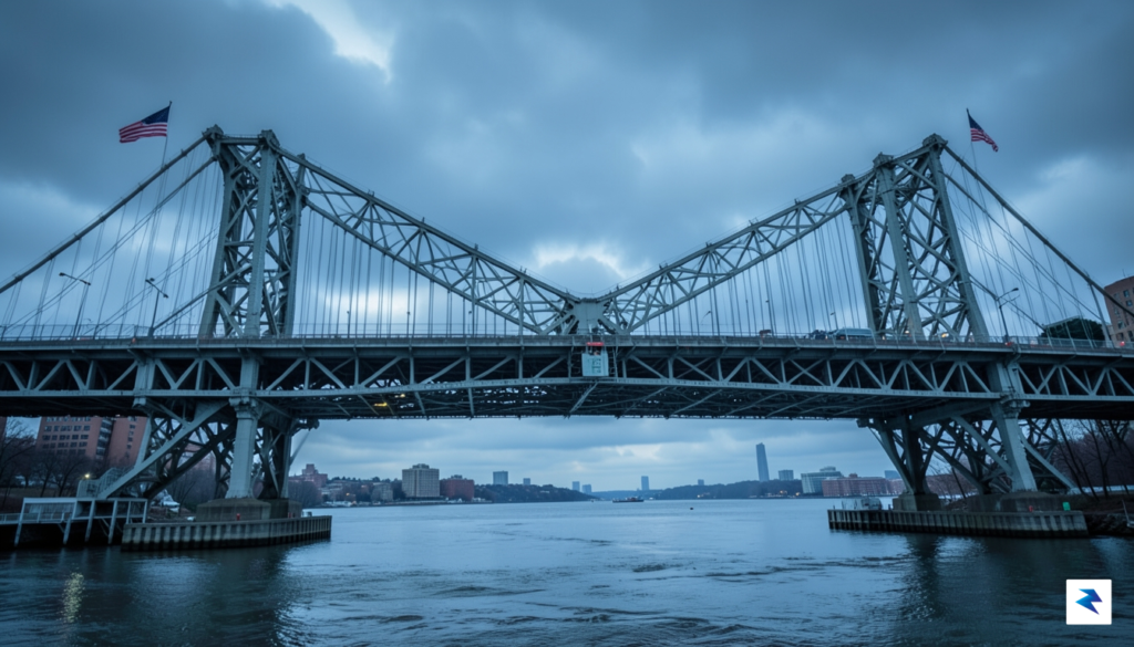A wide-angle, cinematic shot of the Peace Bridge connecting Buffalo,&hellip;