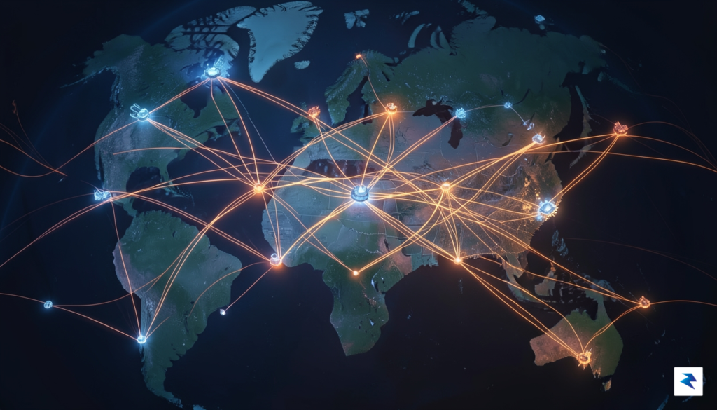 A conceptual digital illustration showing a complex global supply chain&hellip;