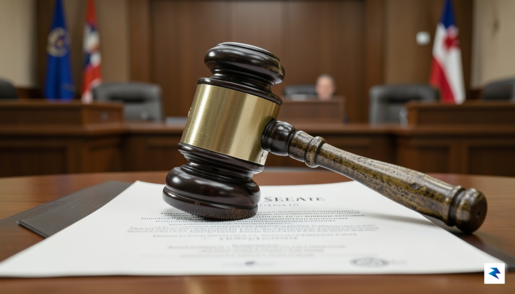 A conceptual image of a massive, heavy metal gavel resting&hellip;