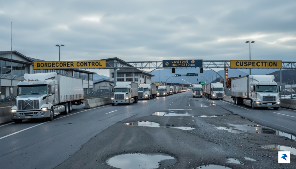 A wide-angle industrial photograph showing a massive, busy border crossing&hellip;
