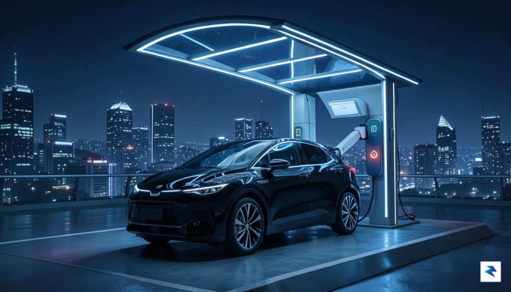A sleek, modern electric vehicle parked at a futuristic, canopy-covered…