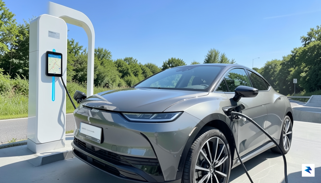 A modern electric vehicle parked at a clean, well-lit charging…