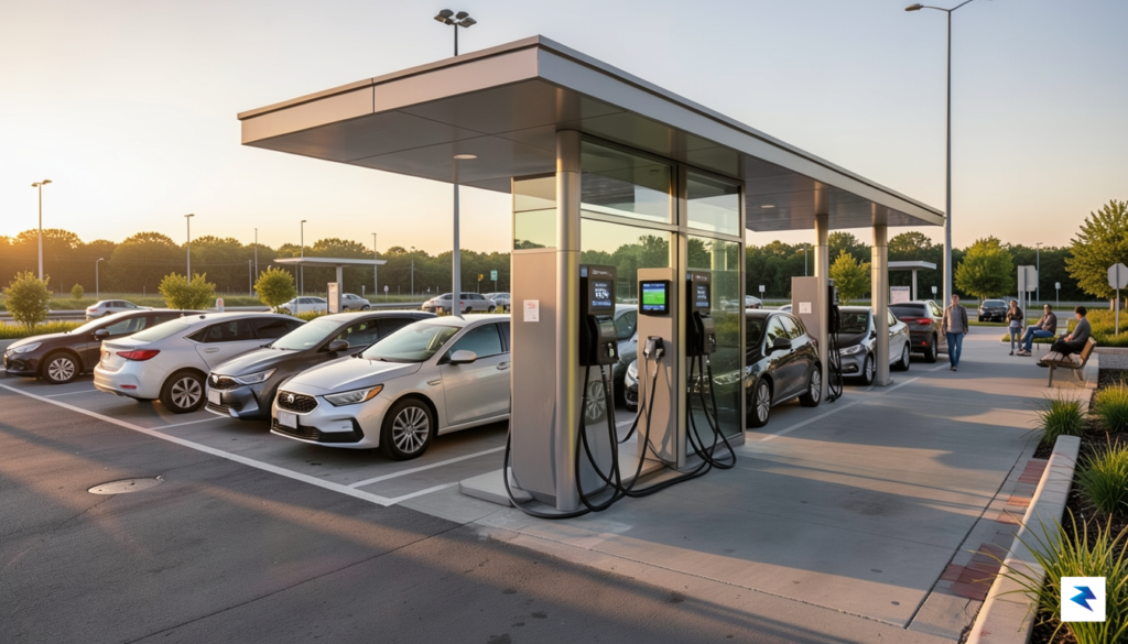 A wide-angle, cinematic shot of a modern, brightly lit EV…