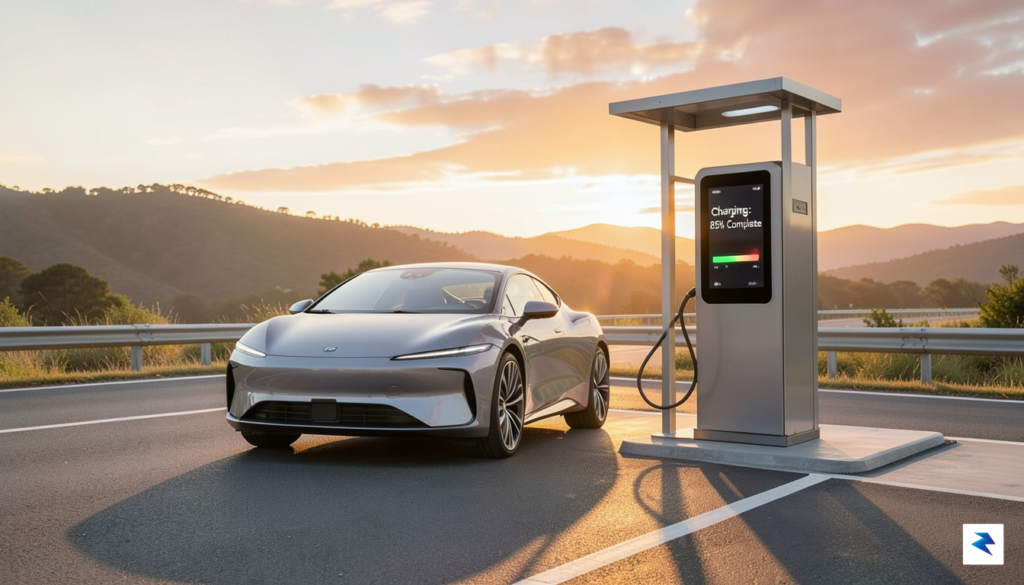 A modern electric vehicle parked at a clean, well-lit ultra-fast…