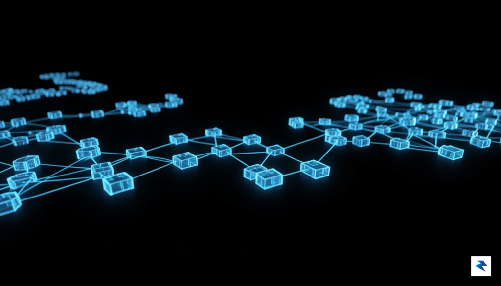 A digital visualization of a glowing, fragmented blockchain network with&hellip;
