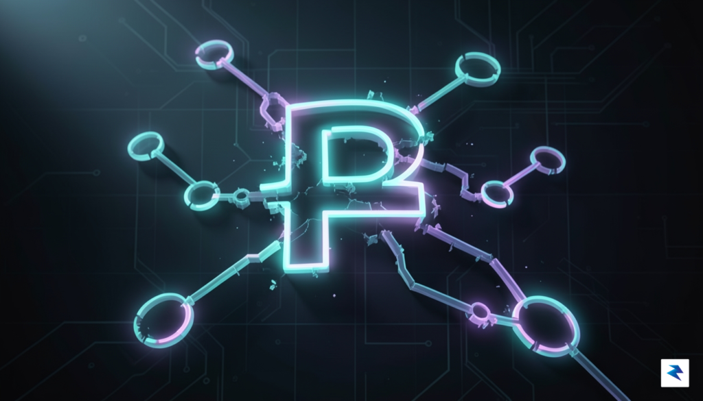 A digital, abstract representation of a glowing Russian ruble symbol&hellip;