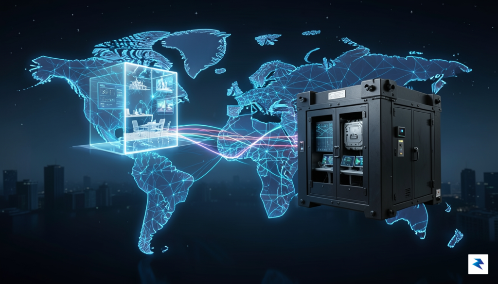 A digital illustration showing a glowing, interconnected global network map…