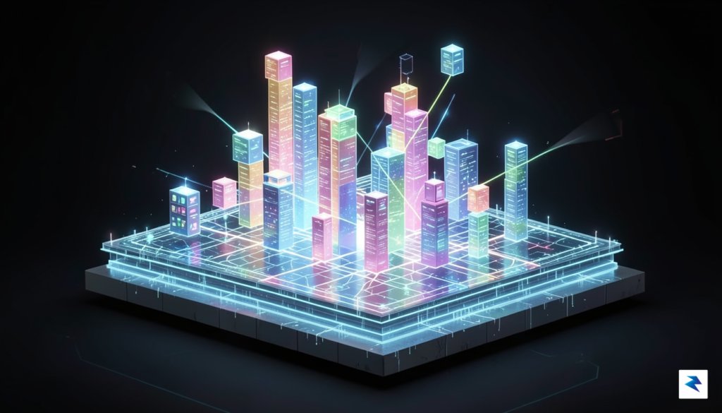 A conceptual digital illustration showing a glowing, multi-layered digital architecture,…