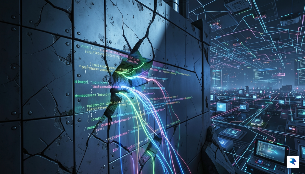A conceptual digital illustration showing a crumbling high-tech fortress wall,…