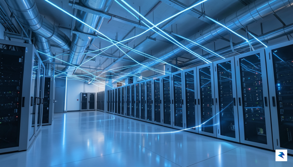 A modern, high-tech server data center interior with glowing blue…
