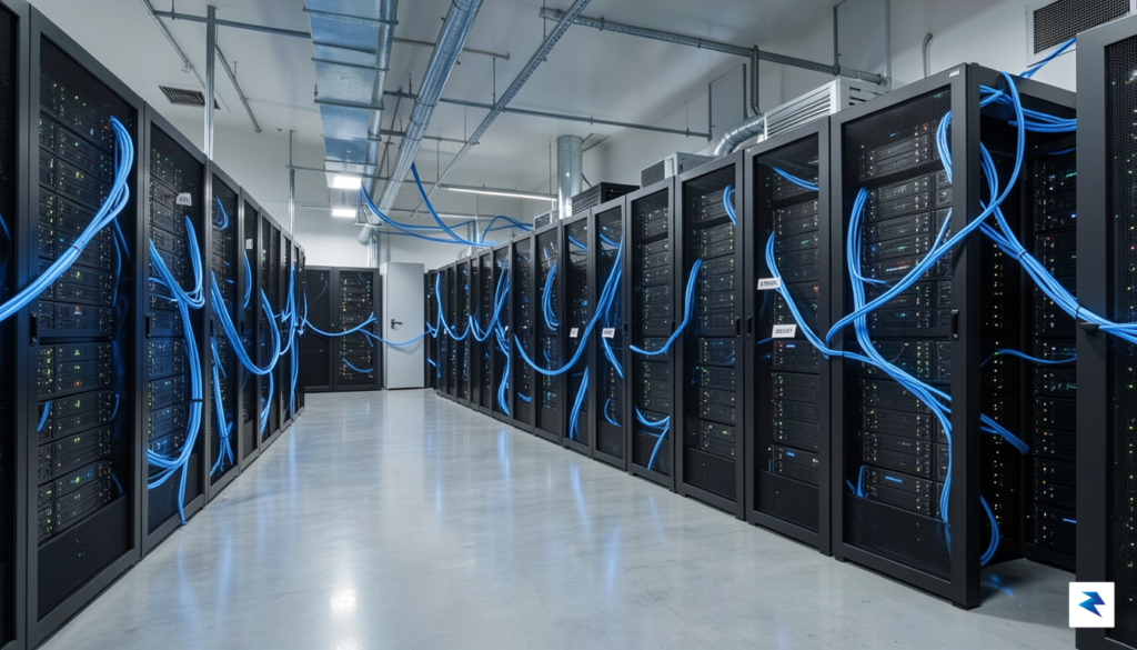 A modern, high-tech server room with glowing blue fiber optic…
