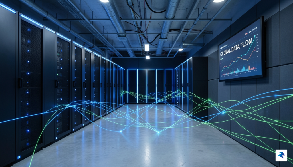 A sleek, modern data center server room illuminated by cool…