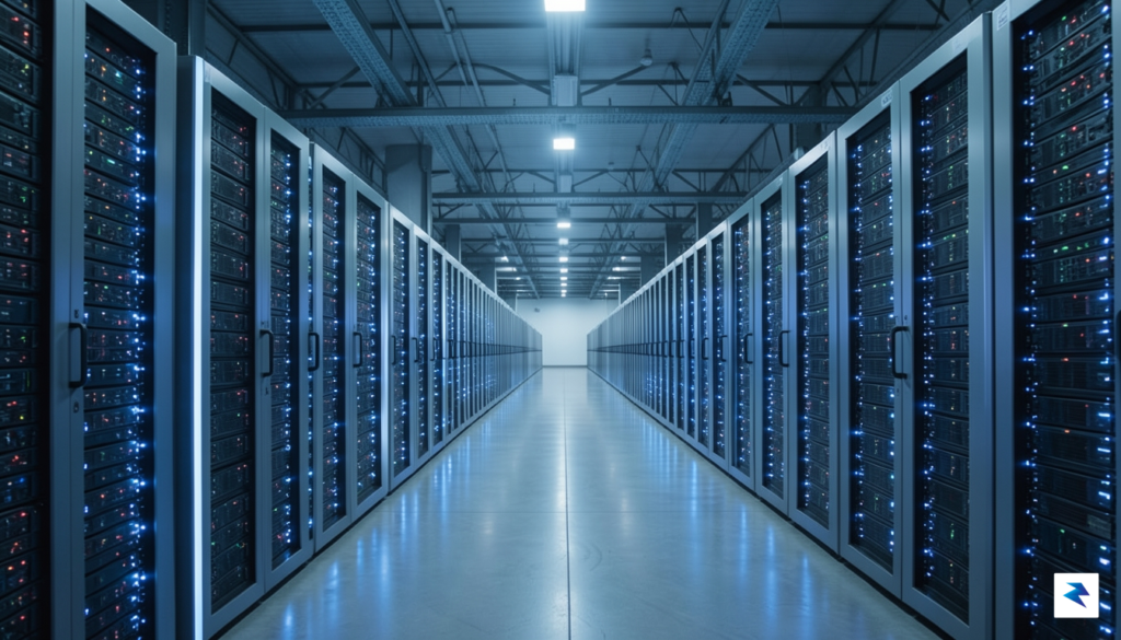 A wide-angle, cinematic shot of a massive, modern data center…