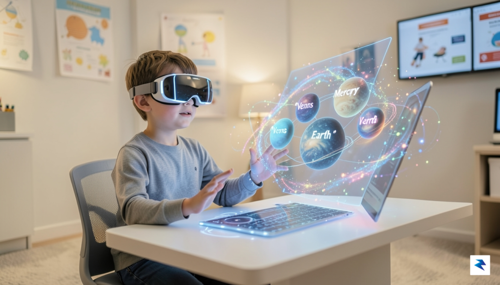 A child wearing VR goggles interacting with a holographic interface…