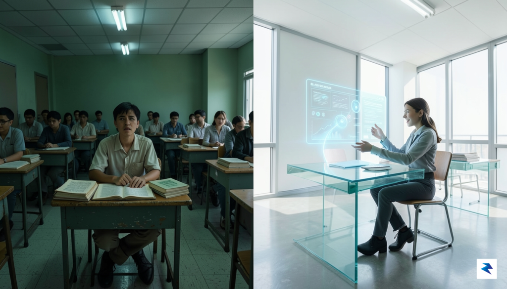 A conceptual digital illustration showing a split screen: one side…